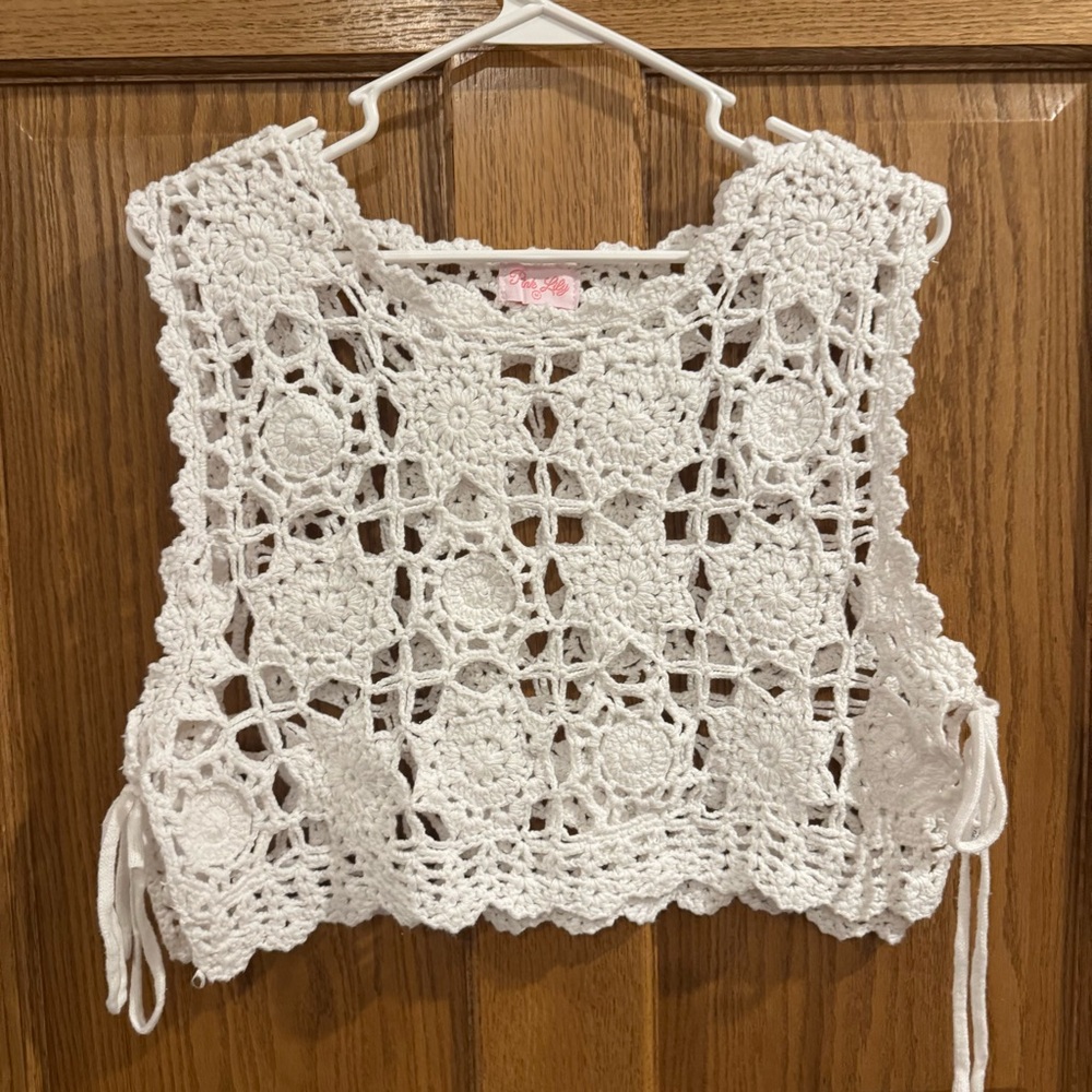 Pink Lily White Crochet Tie Side Boho Festival Tank Top Medium